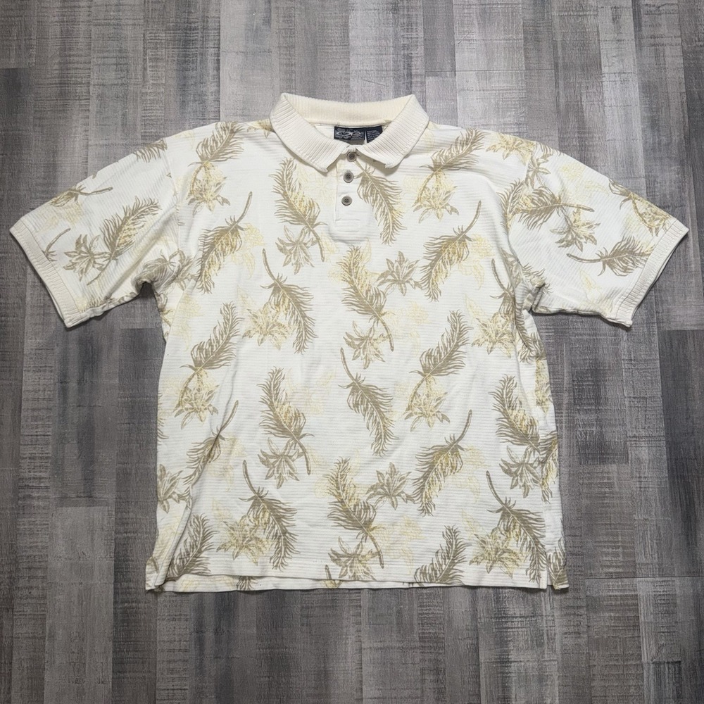 VTG OP Sport Men's Large Hawaiian Polo Shirt Vintage 80s 90s Floral Feather